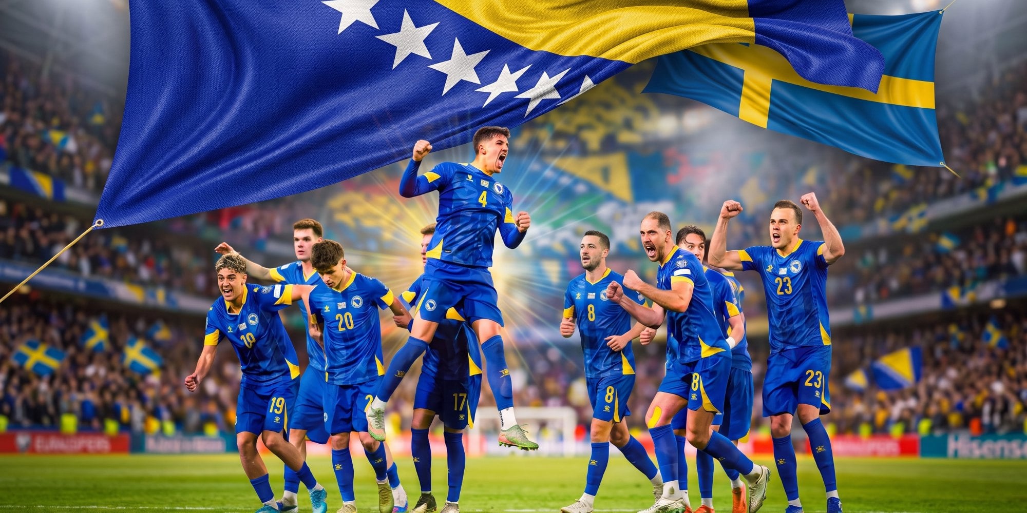 Nogometaši reprezentacije Bosne i Hercegovine u plavim dresovima slave na terenu prepunog stadiona ispod zastava Bosne i Hercegovine i Švedske.